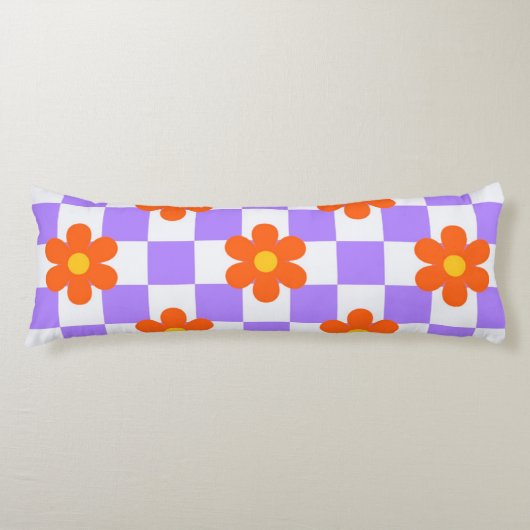 Coussins Longs Motif Chèque Violet Avec Fleur Hippie Orange (Devant)