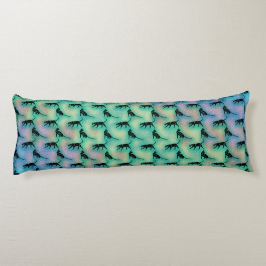 Coussins Longs Motif de chat noir mignon sur bleu vert (Dos)