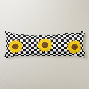 Coussins Longs Motif de fleur à carreaux de tournesol noir et bla