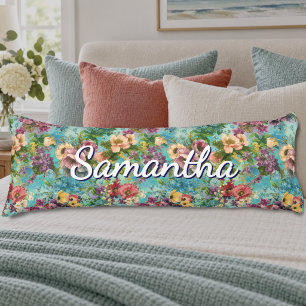 Coussins Longs Motif de fleur sauvage botanique bleu violet vinta