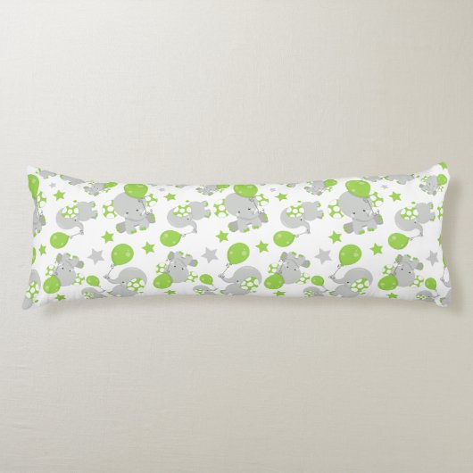 Coussins Longs Motif Des Eléphants, Eléphants Mignons - Grey Vert (Devant)