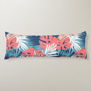 Coussins Longs motif feuille tropicale corail bleu blanc