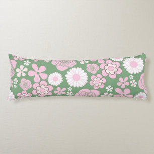 Coussins Longs Motif Fleur Rétro Années 70 Vert Rose Blanc Y2K