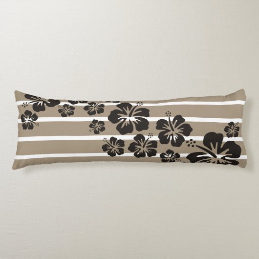 Coussins Longs Motif rayures fond pierre + fleurs d'hibiscus (Devant)