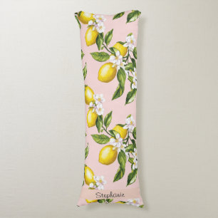 Coussins Longs Motif vintage citron et fleurs sur rose (2)