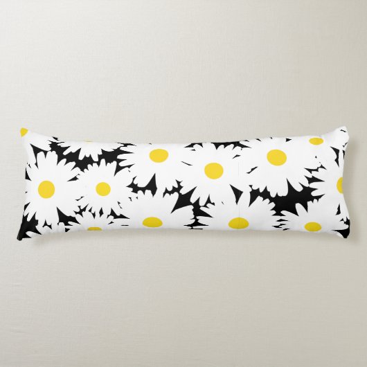 Coussins Longs Négative Space Daisies blanc jaune sur noir (Devant)