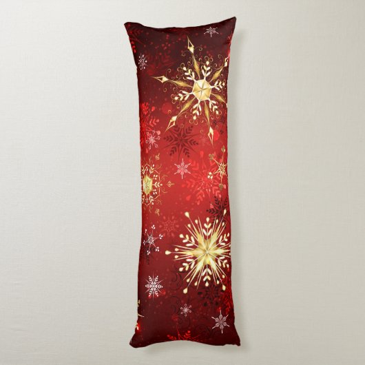 Coussins Longs Noël Golden Snowflakes sur Arrière - plan rouge (Dos (Vertical))