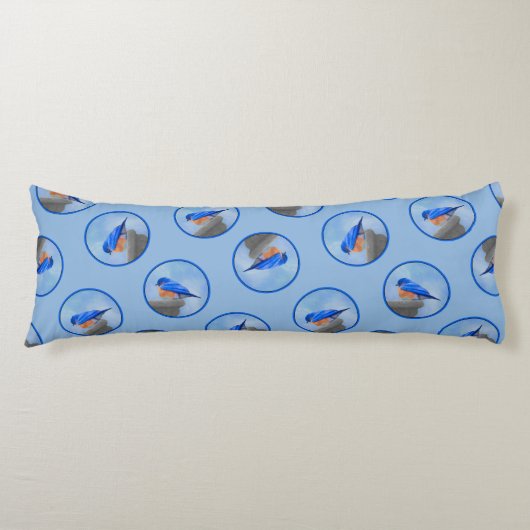 Coussins Longs Oiseau bleu de l'Est sur Birdbath Art original (Devant)