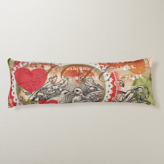 Coussins Longs Oiseaux de l'amour Cœur Rouge Collage d'art (Dos)