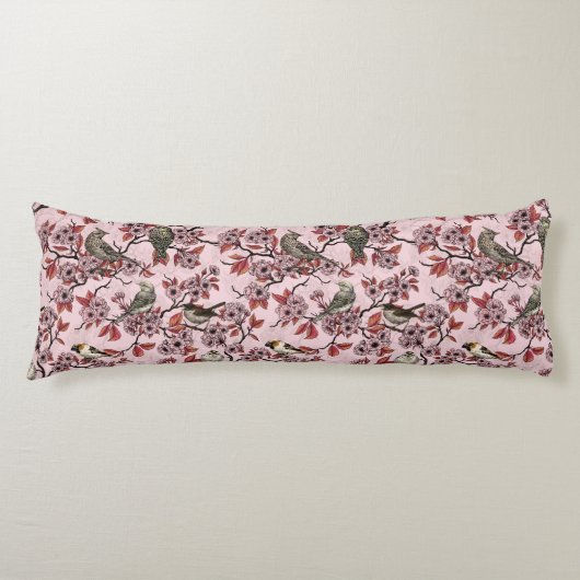 Coussins Longs Oiseaux et fleurs de cerisier sur fond rose saumon (Devant)