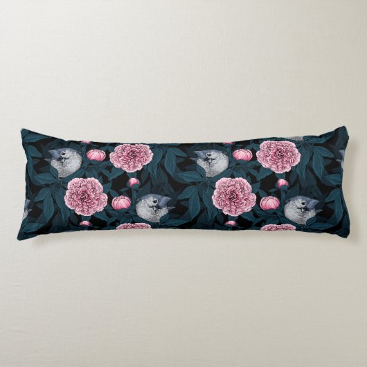 Coussins Longs Oiseaux et fleurs de pivoines roses avec feuille (Devant)