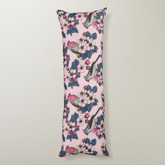 Coussins Longs Oiseaux et fleurs roses (Dos (Vertical))