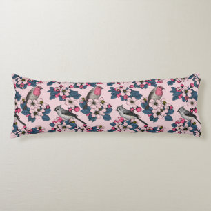 Coussins Longs Oiseaux et fleurs roses