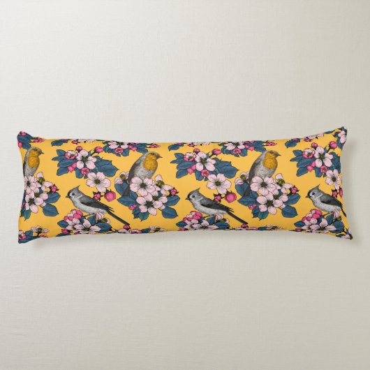 Coussins Longs Oiseaux et fleurs sur le jaune (Dos)