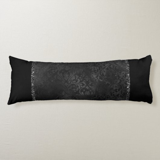 Coussins Longs Onyx Romance| Black Satin Grunge Rose Damask (Devant)