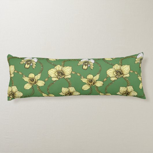 Coussins Longs Orchidées et chaînes, jaune et vert kelly (Dos)
