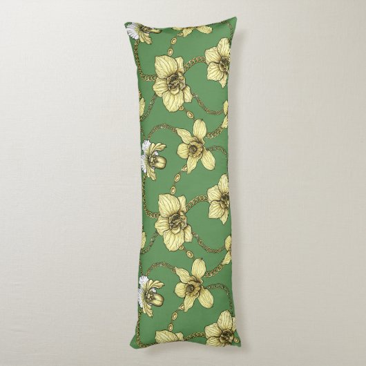 Coussins Longs Orchidées et chaînes, jaune et vert kelly (Dos (Vertical))