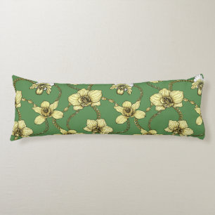 Coussins Longs Orchidées et chaînes, jaune et vert kelly
