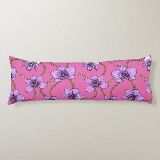 Coussins Longs Orchidées et chaînes, violet et rose (Devant)