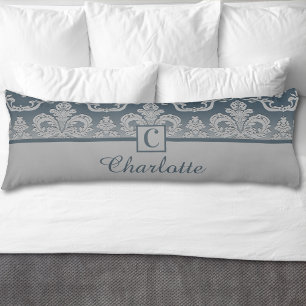 Coussins Longs Oreiller personnalisé en damas gris bleu Monogramm