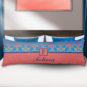 Coussins Longs Oreiller personnalisé monogramme damassé corail bl
