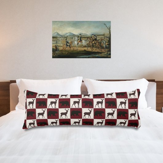 Coussins Longs Ours et cerfs rustiques, rouge foncé et Carrés de