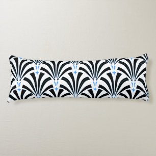Coussins Longs Palmettos noirs et bleus d'art déco vintage des