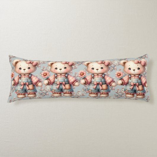 Coussins Longs Pastel Teddy Bear Holding Flower Wear Overalls (Devant)