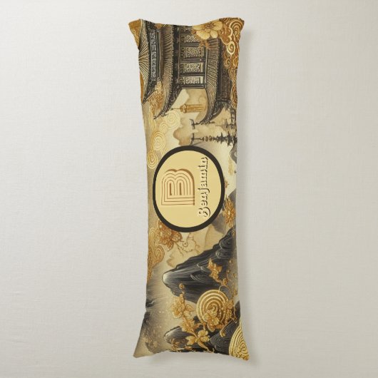 Coussins Longs Peinture chinoise Faux Golden Dripping Monogramme (Devant (Vertical))