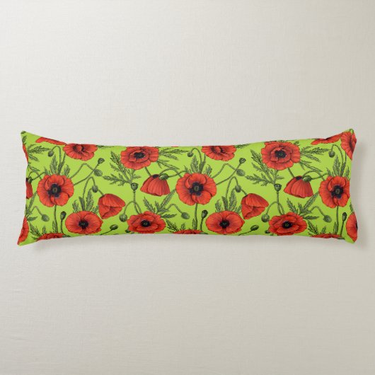 Coussins Longs Pépites, rouge et vert sur le vert citron (Devant)