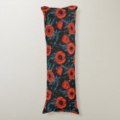 Coussins Longs Poppies, rouge et bleu sur noir (Devant (Vertical))