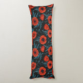 Coussins Longs Poppies, rouge et bleu sur noir (Dos (Vertical))