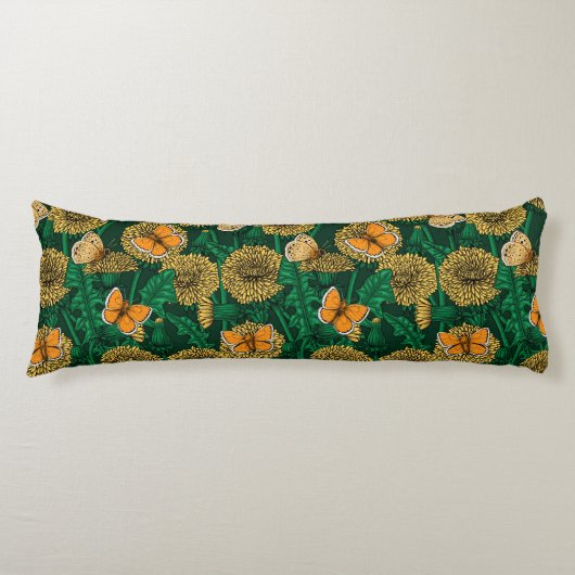 Coussins Longs Pré de Dandelion sur vert foncé (Devant)