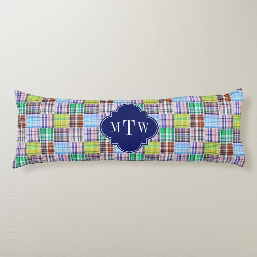 Coussins Longs Preppy Patchwork Madras Navy Quatrefoil Monogramme (Devant)