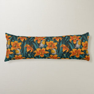 Coussins Longs Robins et fleurs de lys, orange et bleu