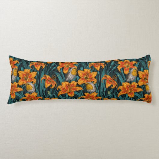 Coussins Longs Robins et fleurs de lys, orange et bleu (Devant)