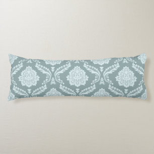 Coussins Longs Rococo Damassé Grand Motif Bleu Canard+Turquoise