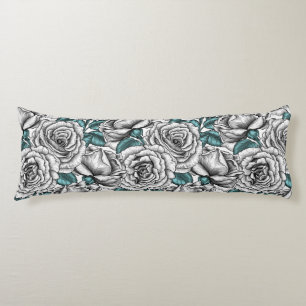 Coussins Longs Roses blanches avec feuilles bleus