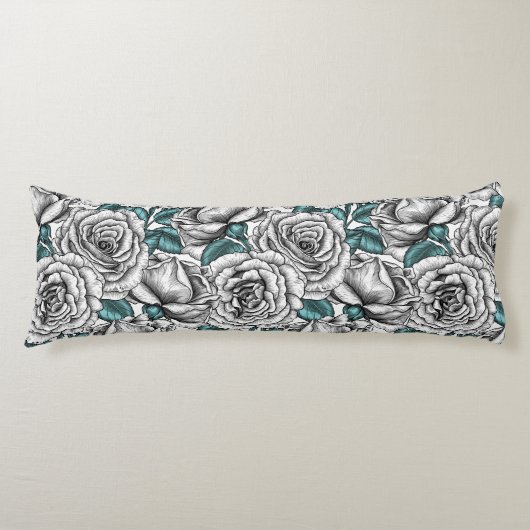 Coussins Longs Roses blanches avec feuilles bleus (Devant)