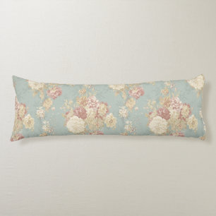 Coussins Longs Roses Blush Blanc Rose sur Fond Bleu