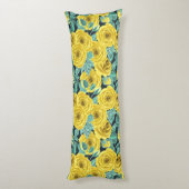 Coussins Longs Roses d'aquarelle jaune avec feuilles et pattes de (Dos (Vertical))