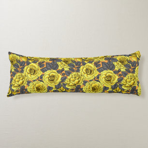 Coussins Longs Roses jaunes avec feuilles gris sur orange
