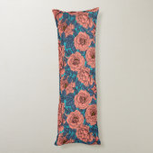 Coussins Longs Roses roses avec feuilles bleus sur bleu (Dos (Vertical))
