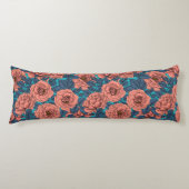 Coussins Longs Roses roses avec feuilles bleus sur bleu (Devant)