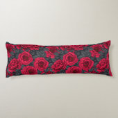 Coussins Longs Roses rouges avec feuilles gris sur noir (Dos)