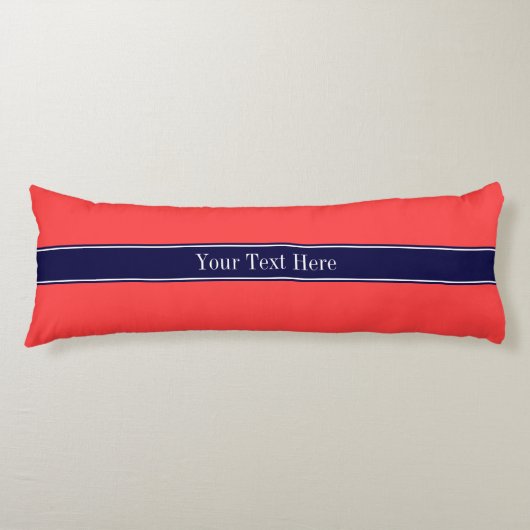Coussins Longs Rouge Corail Uni, Monogramme avec Ruban Bleu Marin (Devant)