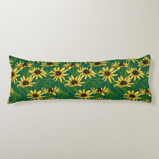 Coussins Longs Rudbekia jaune sur vert foncé (Devant)