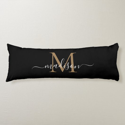 Coussins Longs Simple Black Gold Monogramme Élégant Script fémini (Devant)
