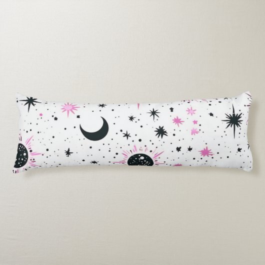 Coussins Longs Soleil Lune Étoiles Célestes Noir et Rose (Devant)