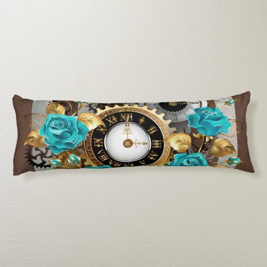 Coussins Longs Steampunk Clock and Turquoise Roses on Striped (Dos)